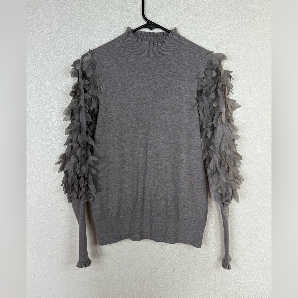 Gray Sweater with Ruffled Sleeves